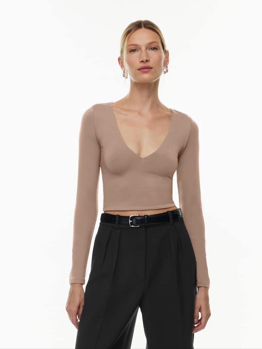 Aritzia Babaton Contour V-Neck Longsleeve Deep Taupe Size S